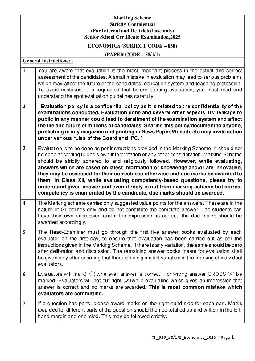 CBSE Class 12 Question Paper 2025 Solution Economics - Page 1