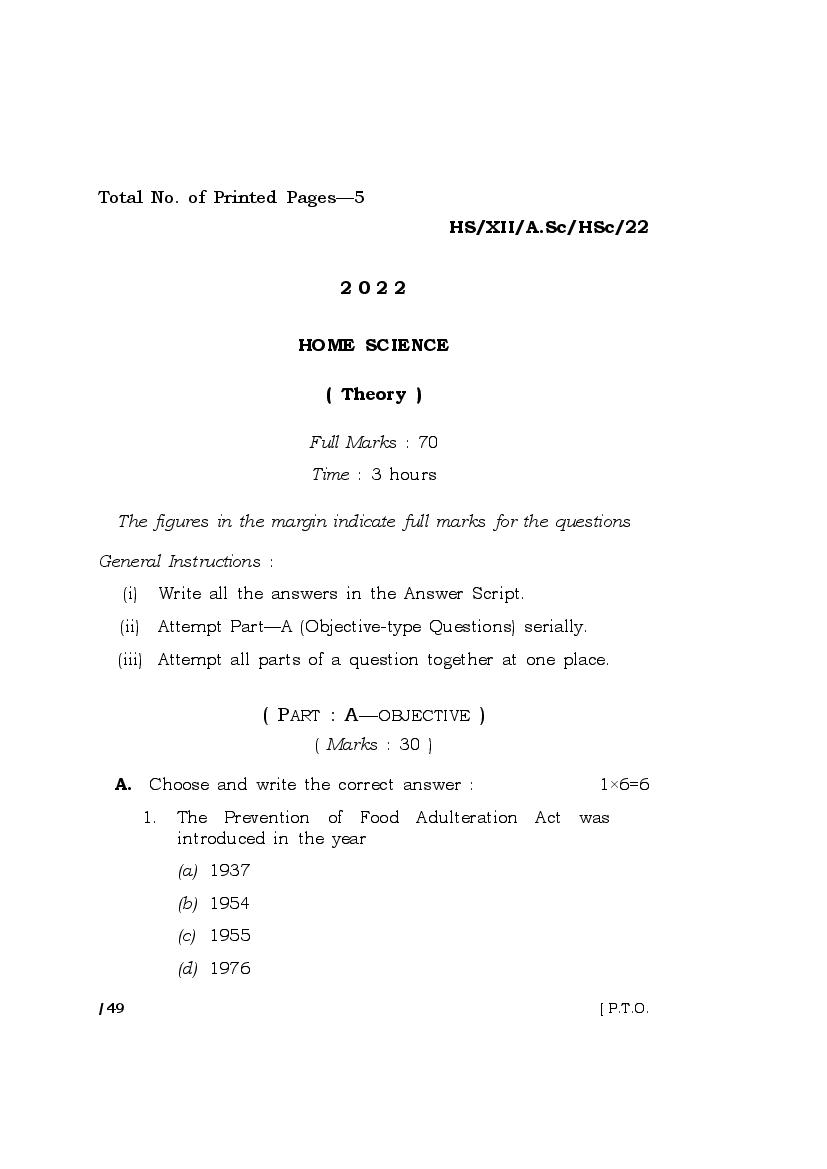 MBOSE Class 12 Question Paper 2022 for Home Science - Page 1