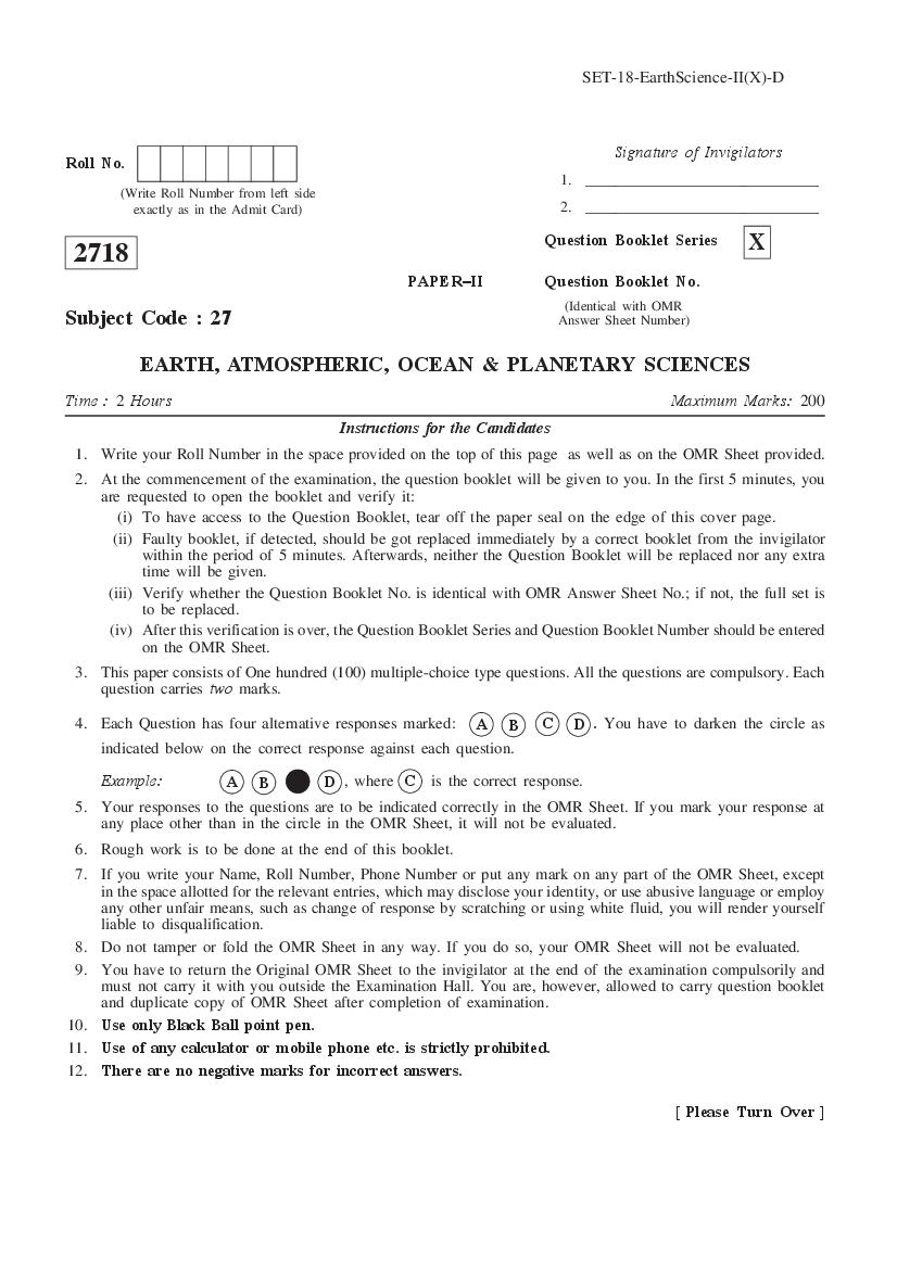 WB SET 2018 Question Paper 2 Earth Atmospheric Ocean and Planetary Sciences - Page 1