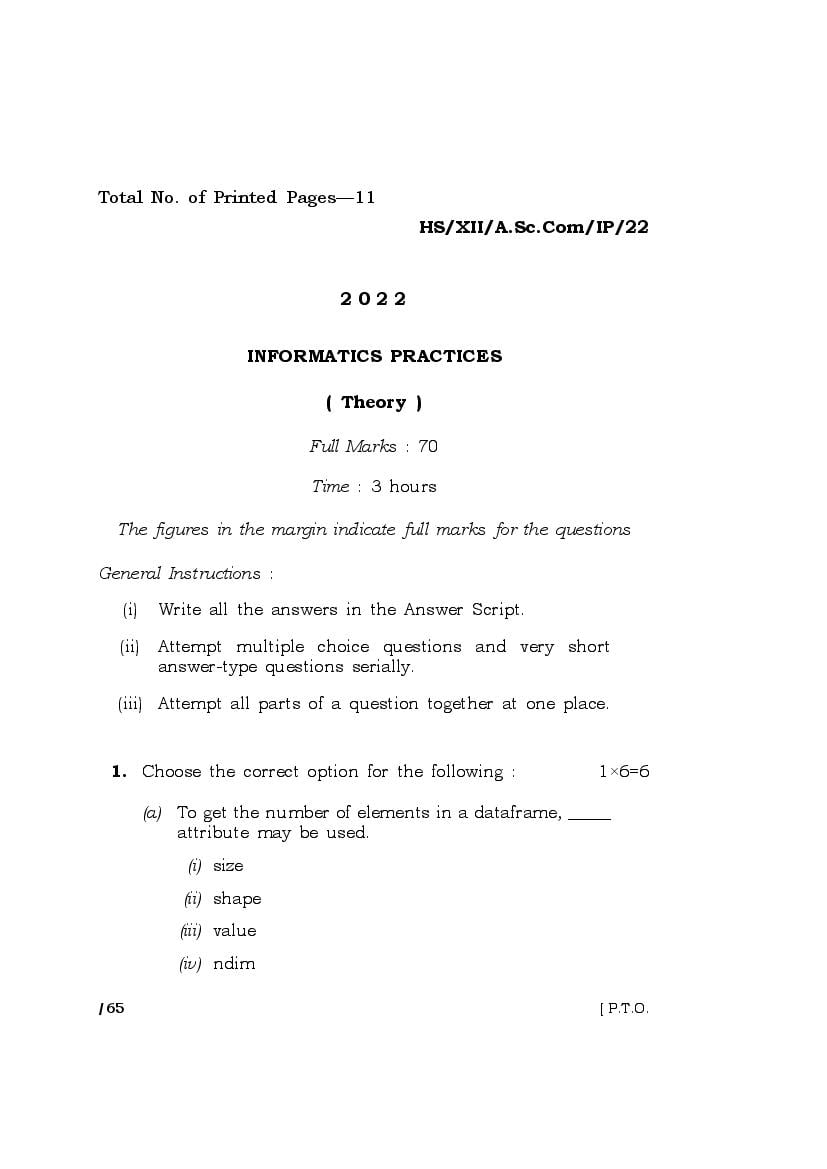 MBOSE Class 12 Question Paper 2022 for Informatics Practices - Page 1