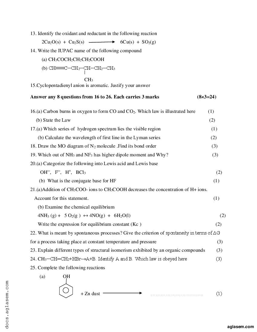 Kerala Plus One Chemistry Model Paper 2023 PDF Kerala Class 11 