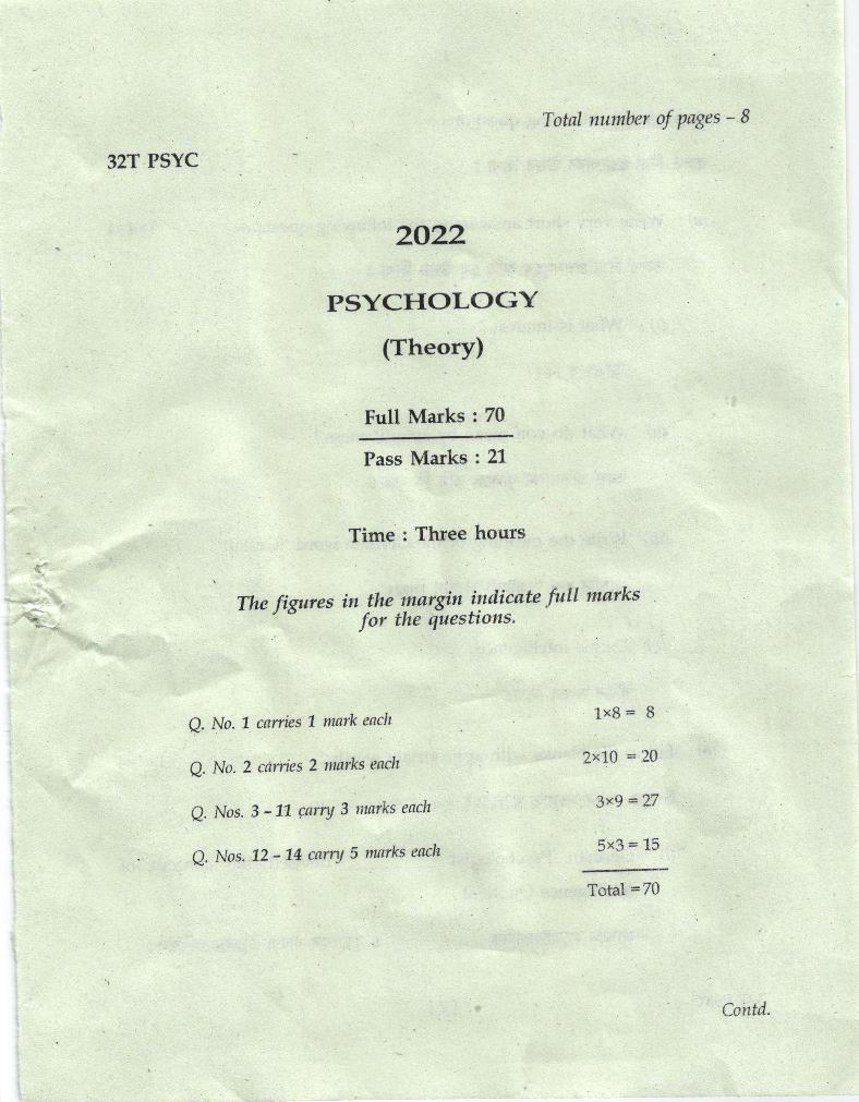 AHSEC HS 2nd Year Question Paper 2022 Psychology - Page 1