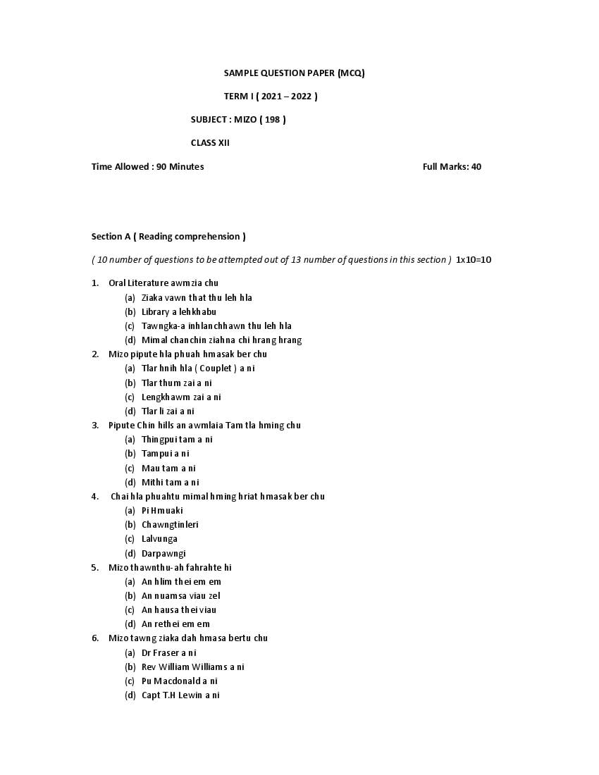 CBSE Class 12 Sample Paper 2022 for Mizo - Page 1