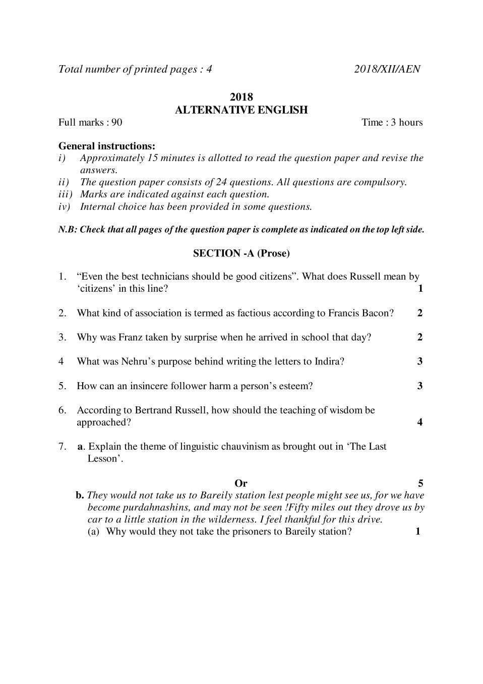 NBSE Class 12 Question Paper 2018 for Alternative English - Page 1
