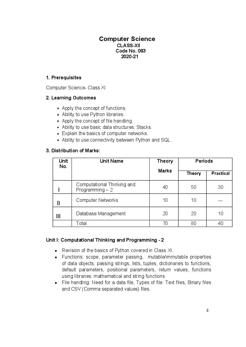 CBSE Class 12 Computer Science Syllabus 2020-21 - Page 1