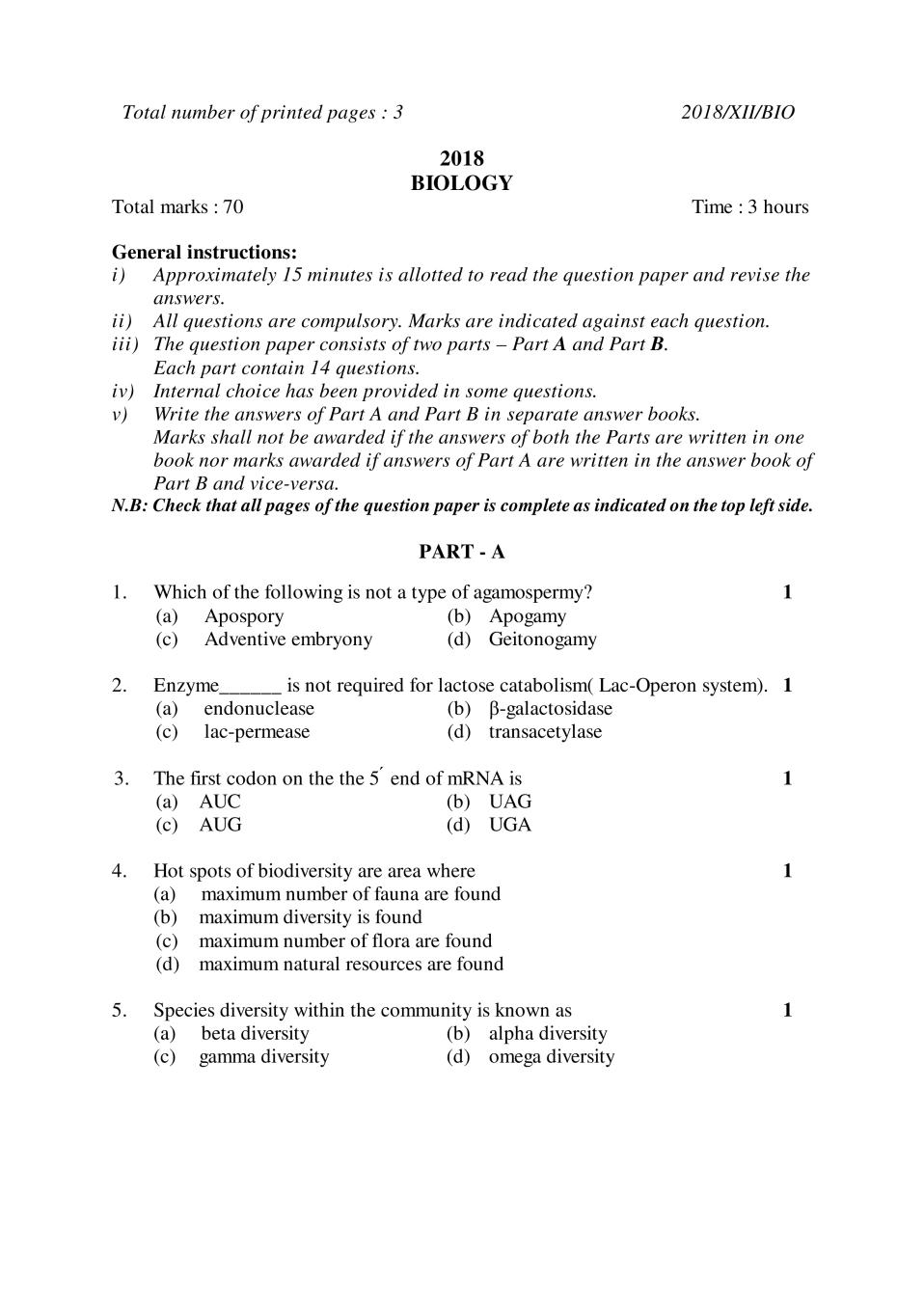 NBSE Class 12 Question Paper 2018 for Biology - Page 1
