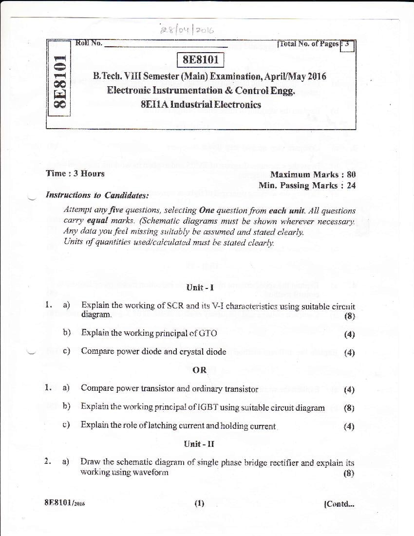 RTU 2016 Question Paper Semester VIII Electronic Instrumentation and ...