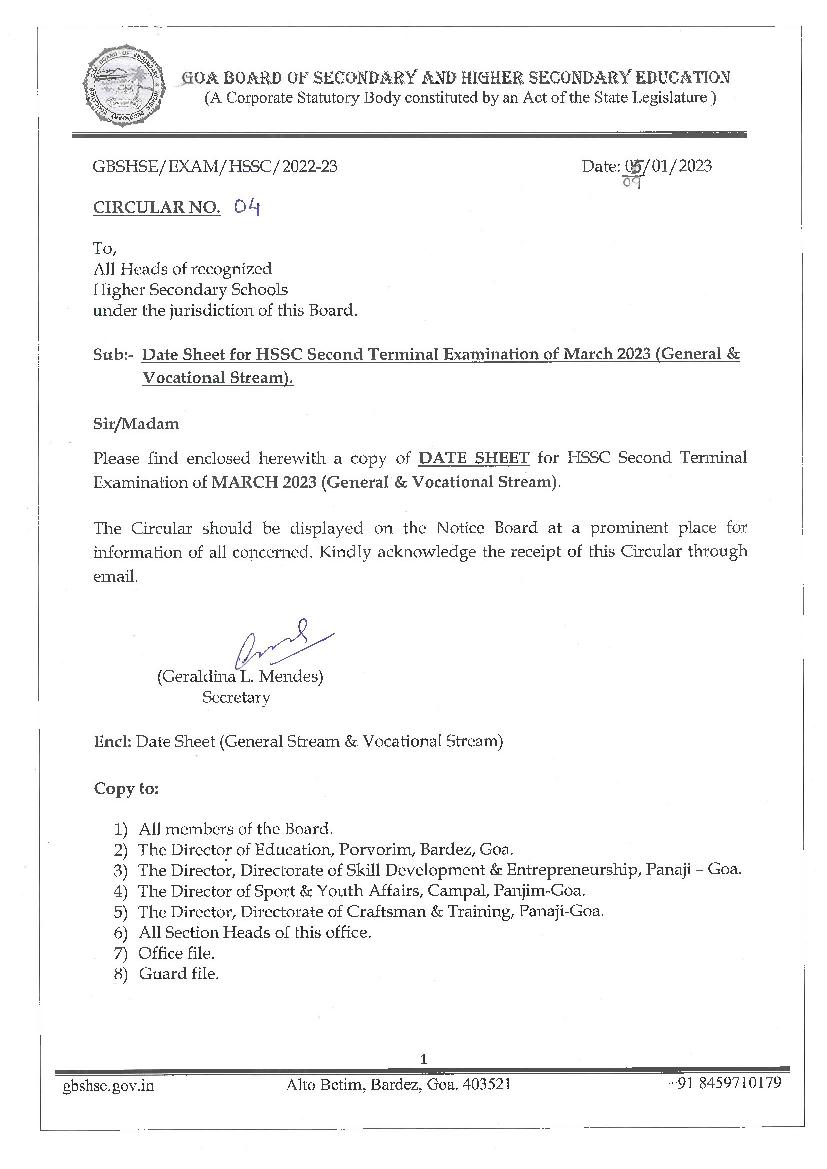 Goa HSSC Time Table 2023 for 2nd Term March-2023 Exam - Page 1 of 7