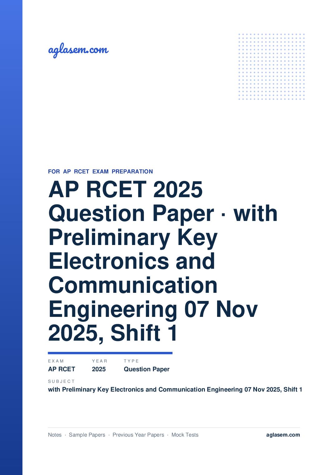 AP RCET 2025 Question Paper with Preliminary Key Electronics and Communication Engineering 07 Nov 2025, Shift 1 - Page 1 of 66