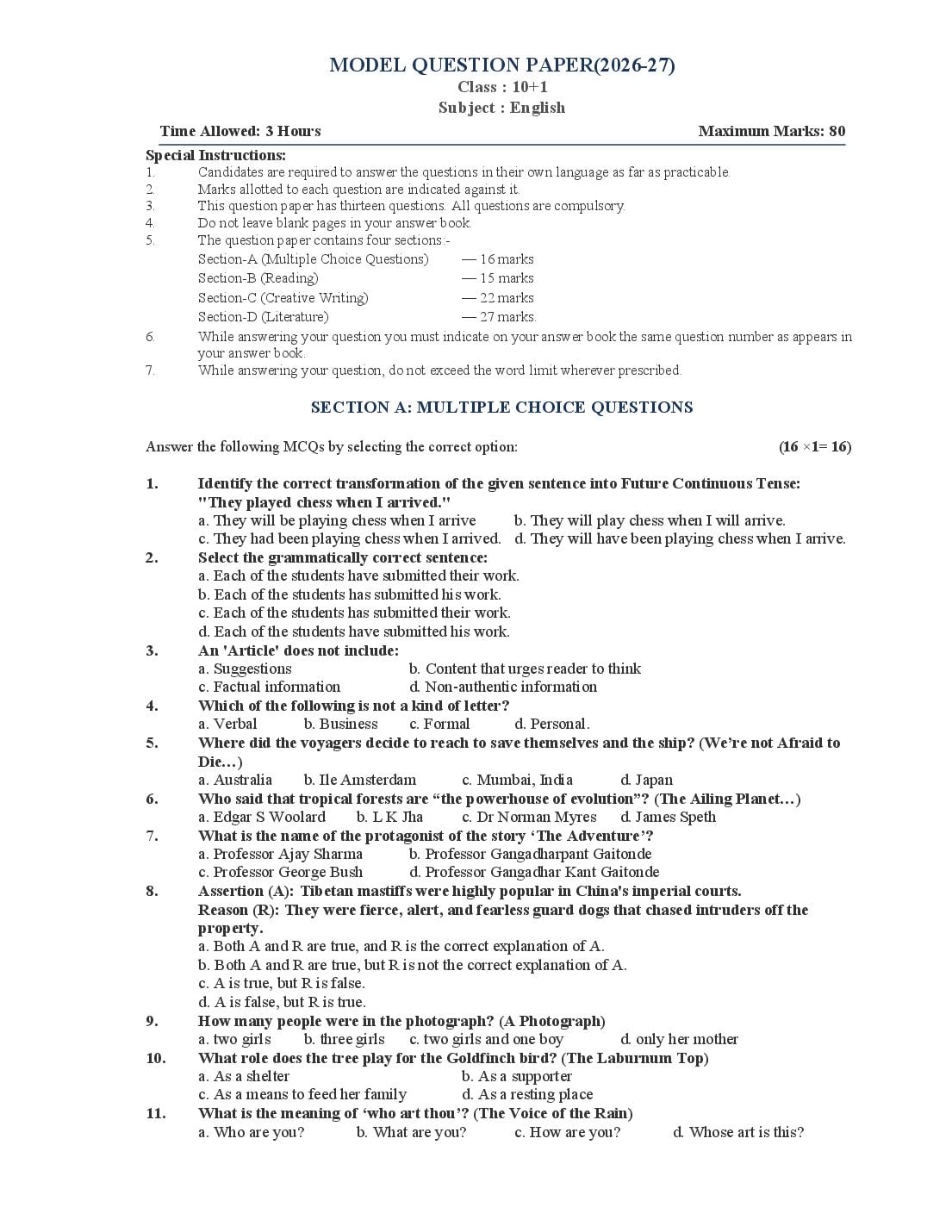 HP Board 11th Class Model Question Paper 2027 English - Page 1 of 6