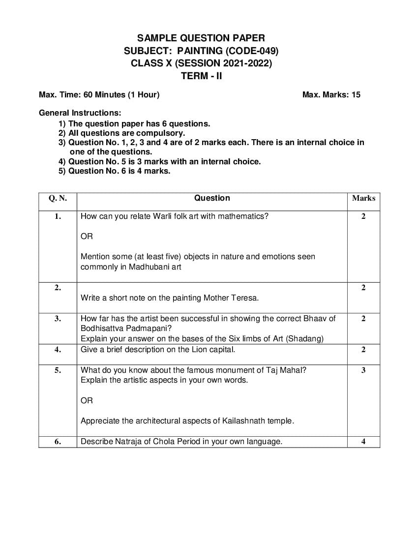 CBSE Class 12 Sample Paper 2022 for Painting Term 2 - Page 1