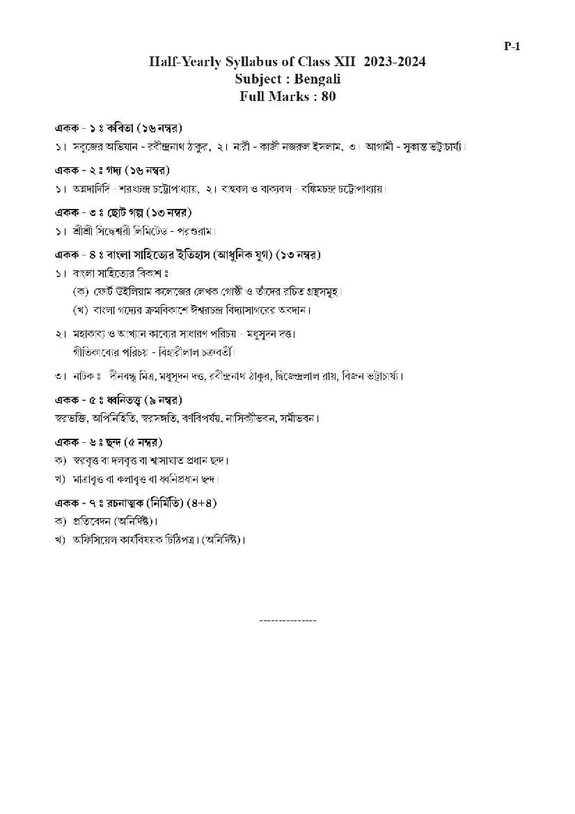 TBSE Class 12 Syllabus 2024 Bengali - Page 1