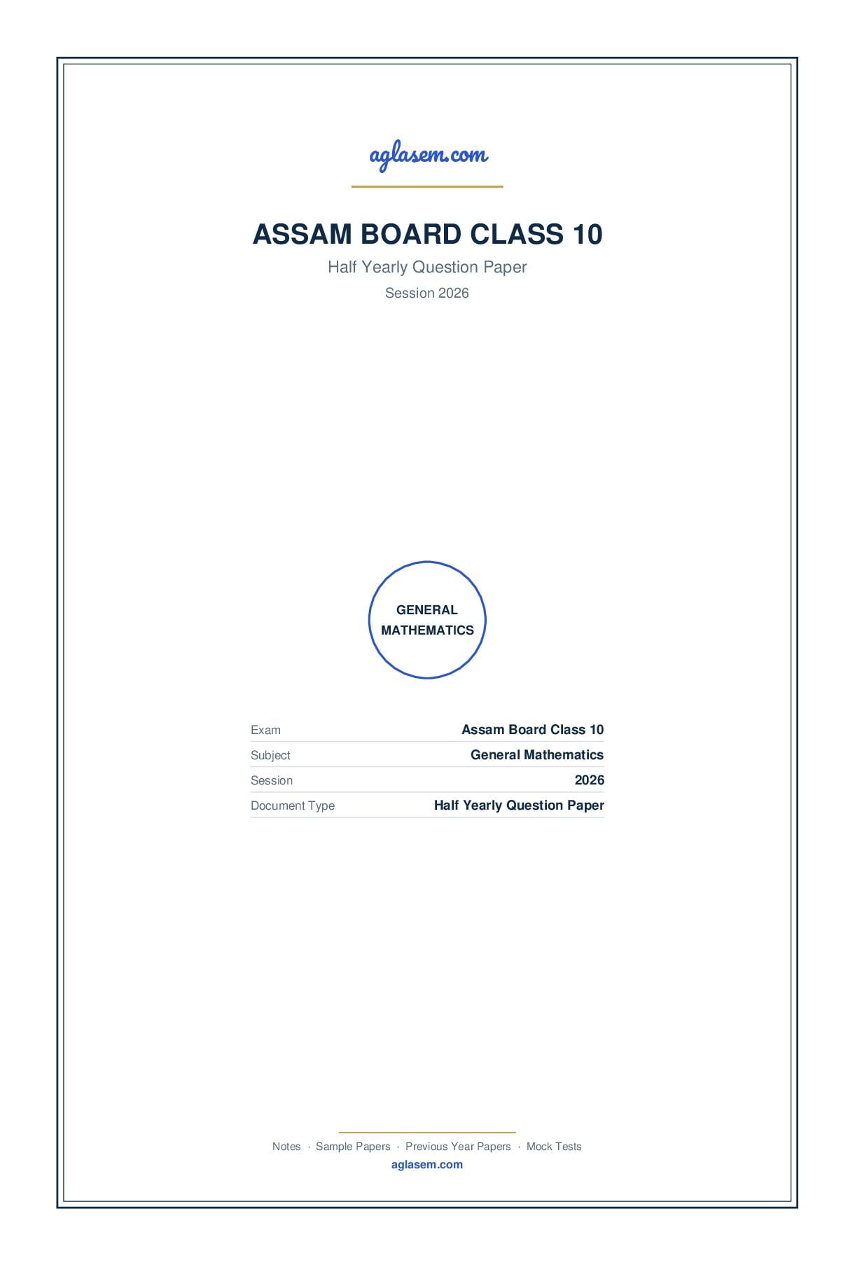 Assam Board Class 10 Half Yearly Question Paper 2026 General Mathematics - Page 1 of 17