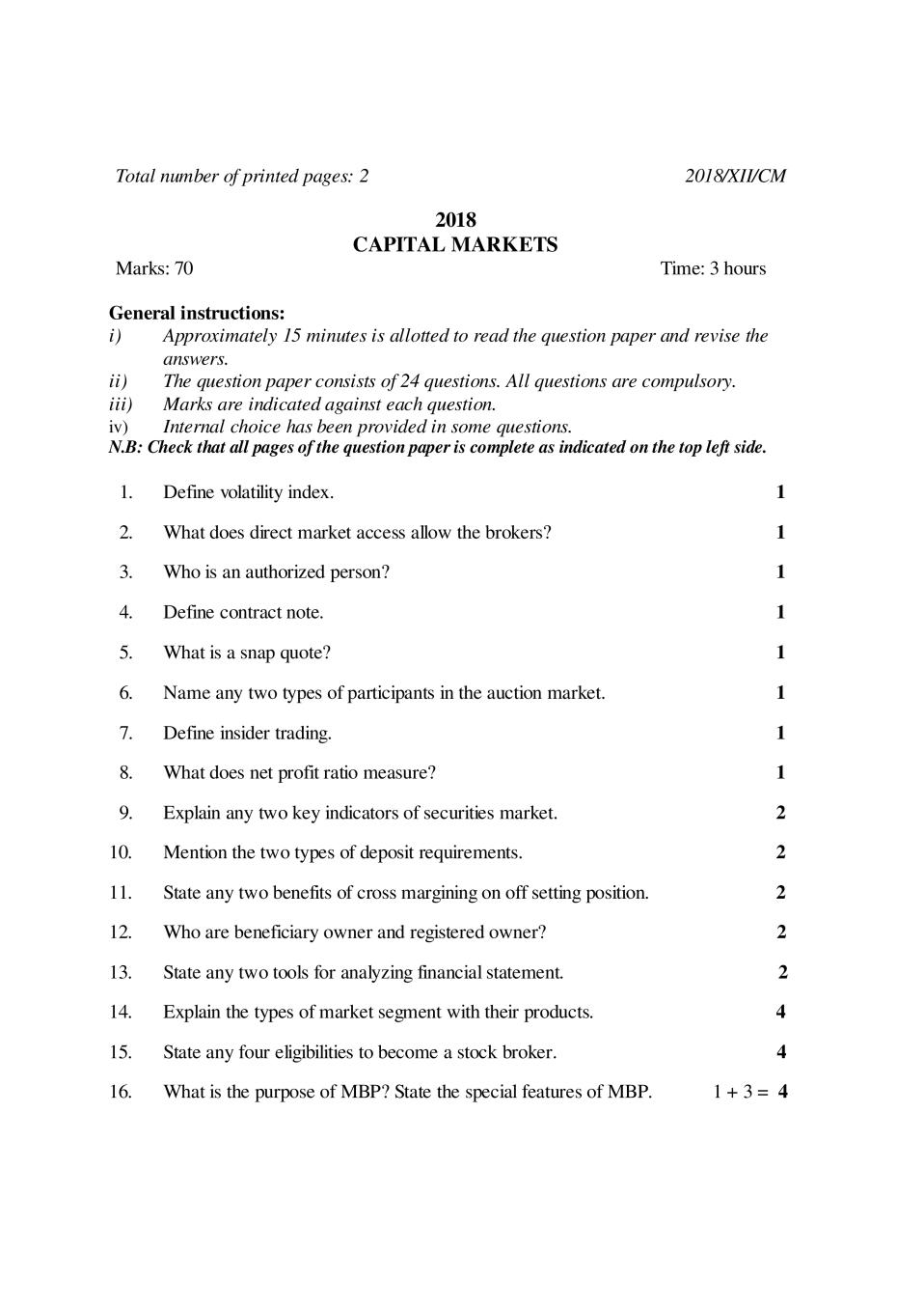NBSE Class 12 Question Paper 2018 for Capital Markets - Page 1