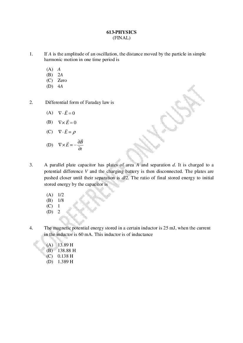 CUSAT CAT 2022 Question Paper Physics - Page 1