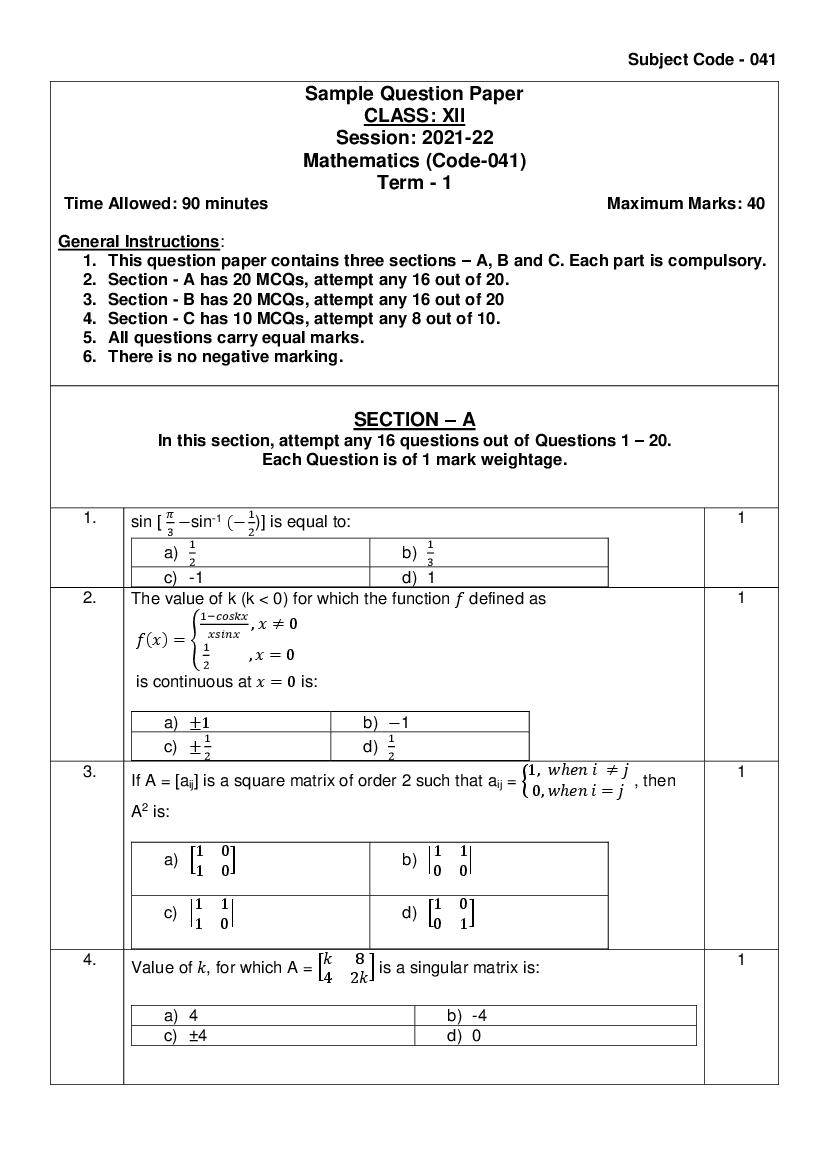 CBSE Class 12 Sample Paper 2022 for Maths - Page 1