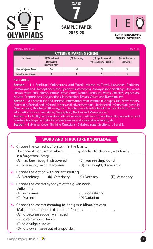 SOF IEO Sample Paper 2026 Class 7 - Page 1