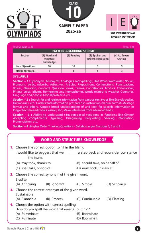 SOF IEO Sample Paper 2026 Class 10 - Page 1