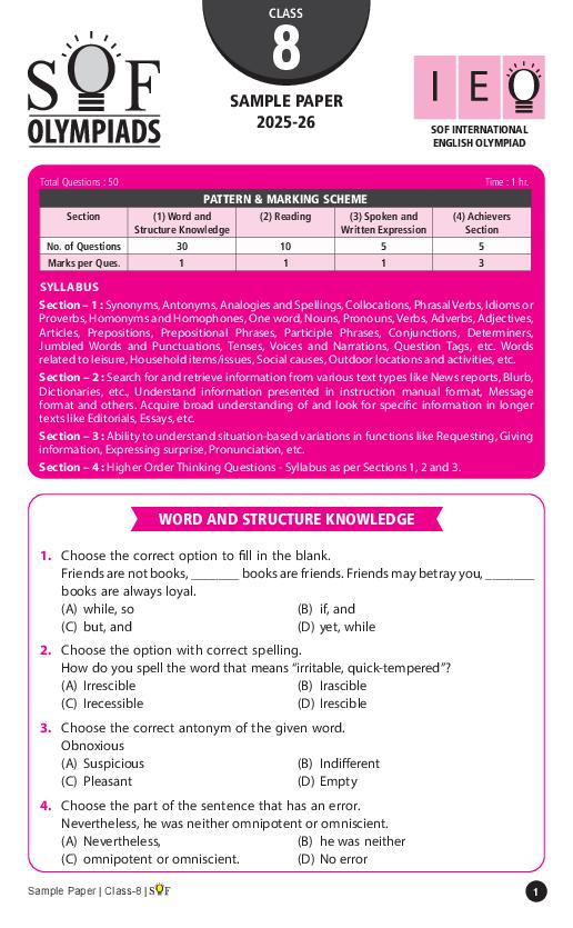SOF IEO Sample Paper 2026 Class 8 - Page 1