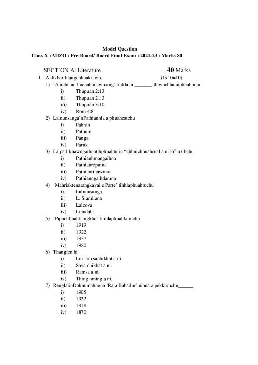 TBSE Class 10 Sample Paper 2023 Mizo - Page 1