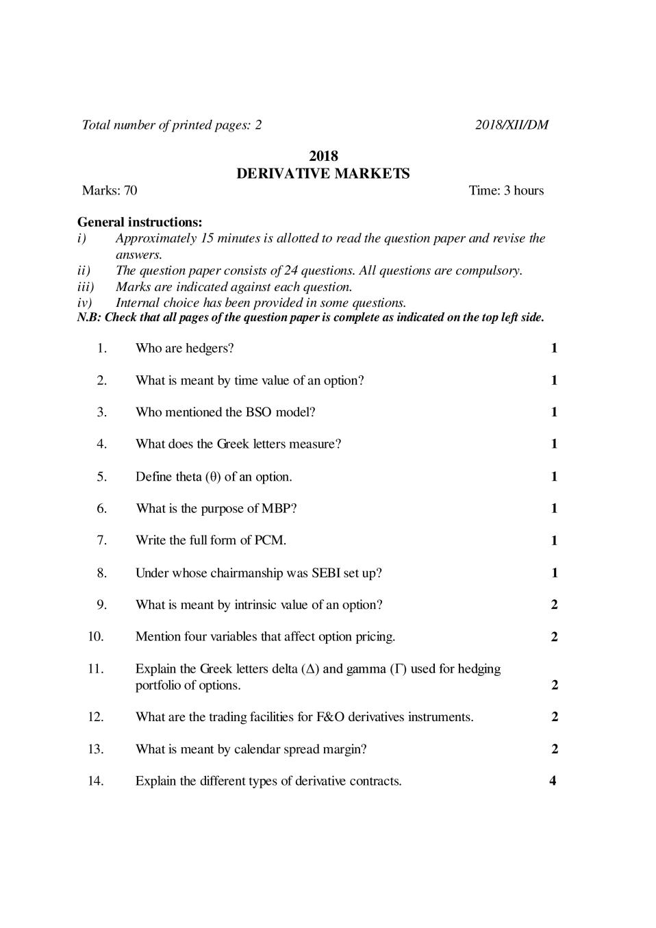 NBSE Class 12 Question Paper 2018 for Derivative Markets - Page 1