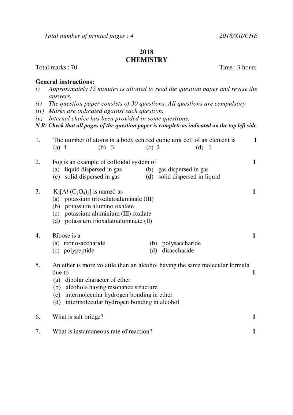 NBSE Class 12 Question Paper 2018 for Chemistry - Page 1