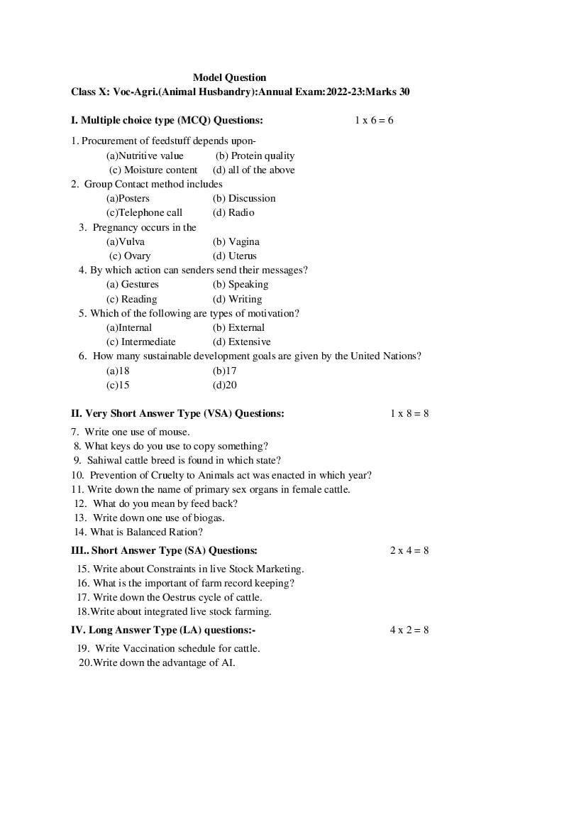 TBSE Class 10 Sample Paper 2023 Vocational