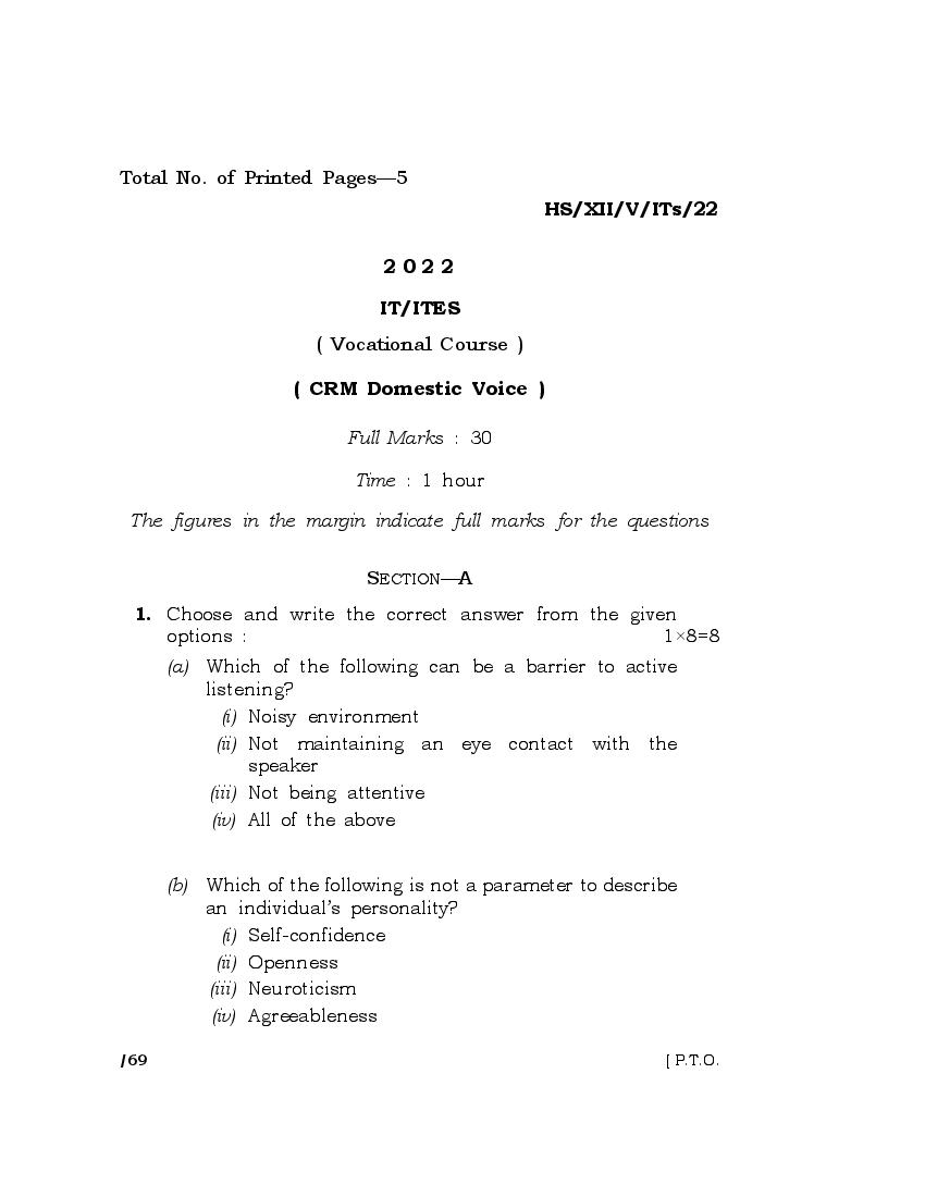 MBOSE Class 12 Question Paper 2022 for IT ITeS - Page 1