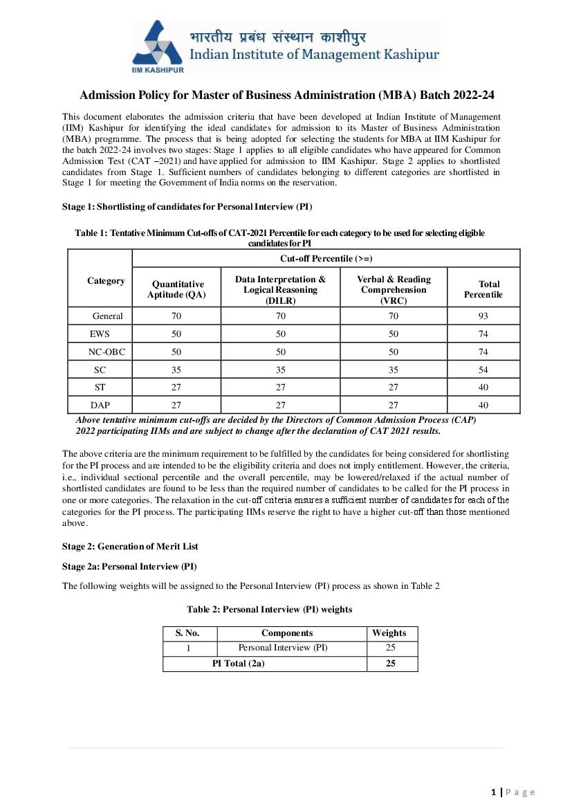 IIM Kashipur PGP Selection Criteria 2022-2024 - Page 1