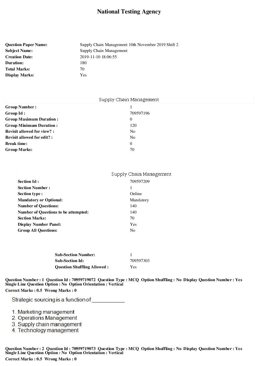 SWAYAM 2019 Question Paper Supply Chain Management - Page 1