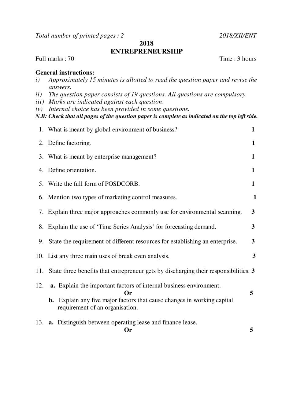 NBSE Class 12 Question Paper 2018 for Entrepreneurship - Page 1