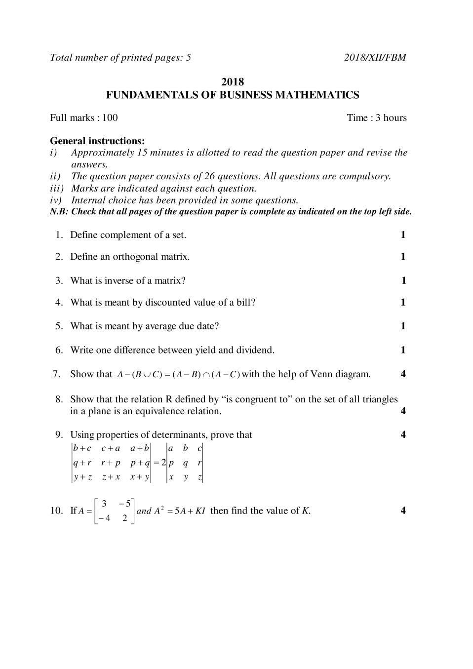 NBSE Class 12 Question Paper 2018 for Fund.of Business Maths - Page 1