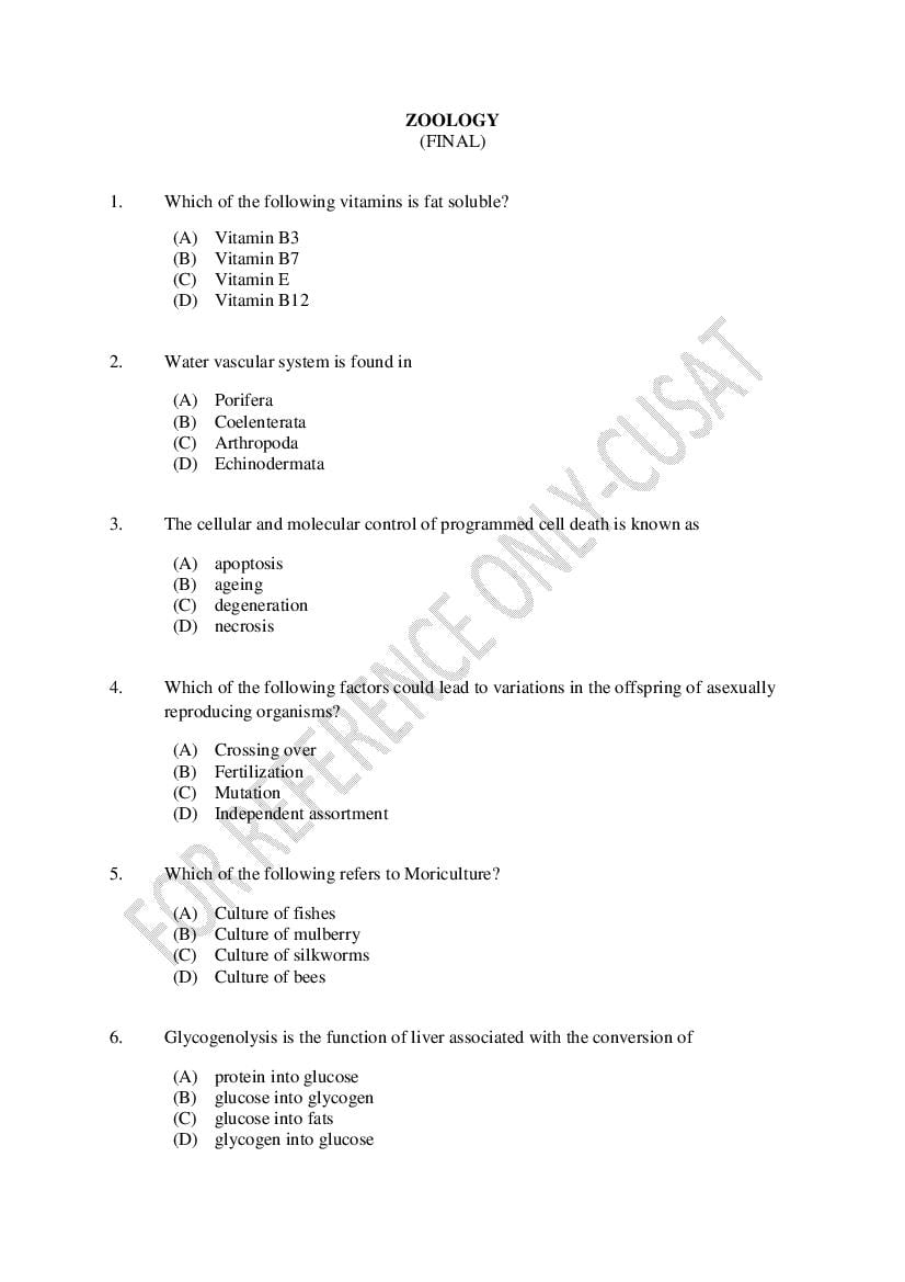 CUSAT CAT 2022 Question Paper Zoology - Page 1