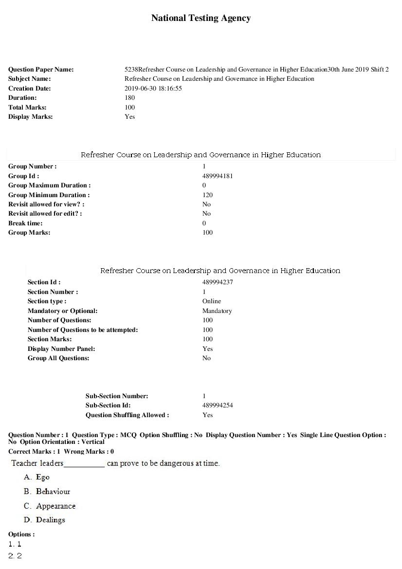 ARPIT 2019 Question Paper for Refresher Course on Leadership and Governance in Higher Education - Page 1 of 34