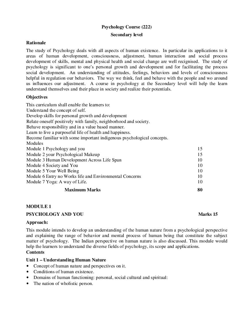 NIOS Class 10 Syllabus 2023 Psychology - Page 1