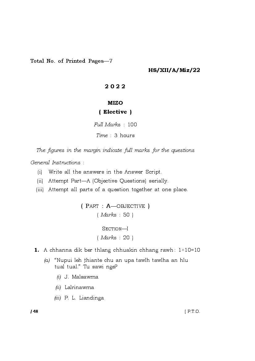 MBOSE Class 12 Question Paper 2022 for Mizo Elective - Page 1