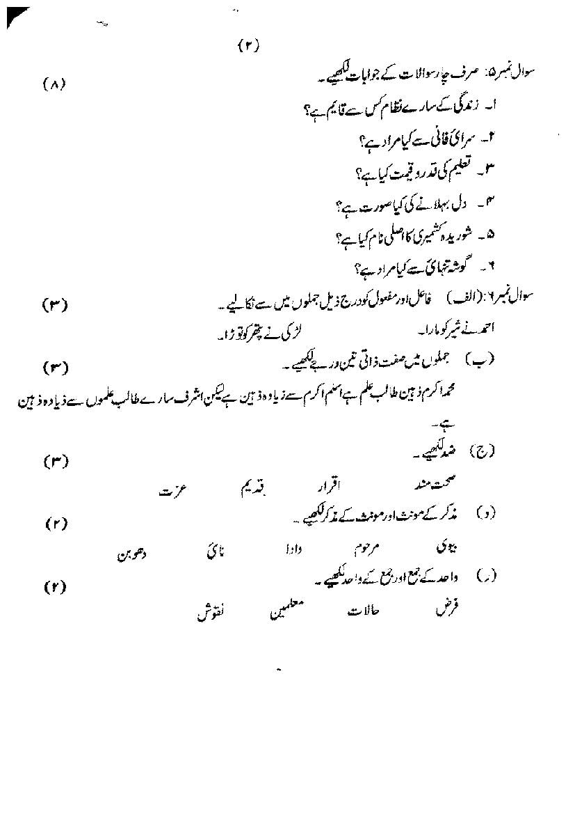 JKBOSE Class 9th Urdu Question Paper (PDF)