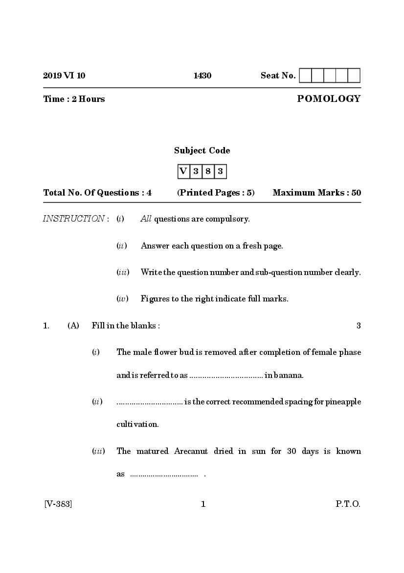 Goa Board Class 12 Question Paper June 2019 Pomology - Page 1