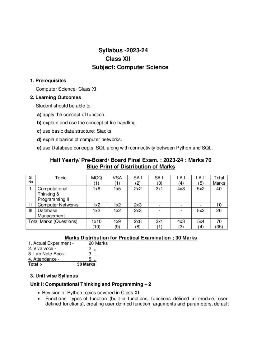 TBSE Class 12 Syllabus 2024 Computer Science - Page 1