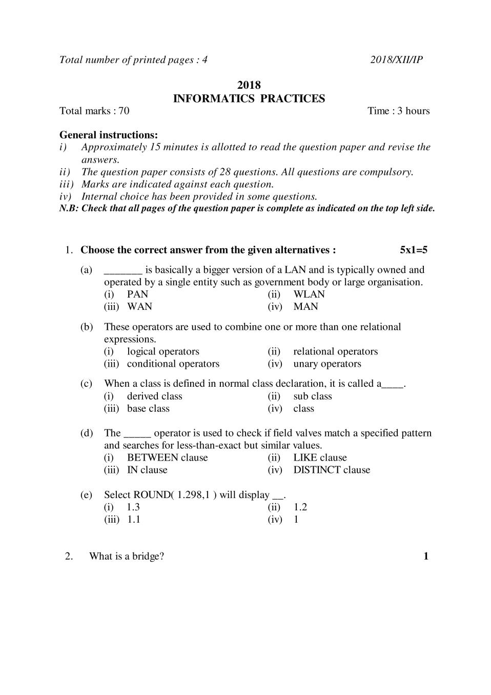 NBSE Class 12 Question Paper 2018 for Informatic Pratices - Page 1