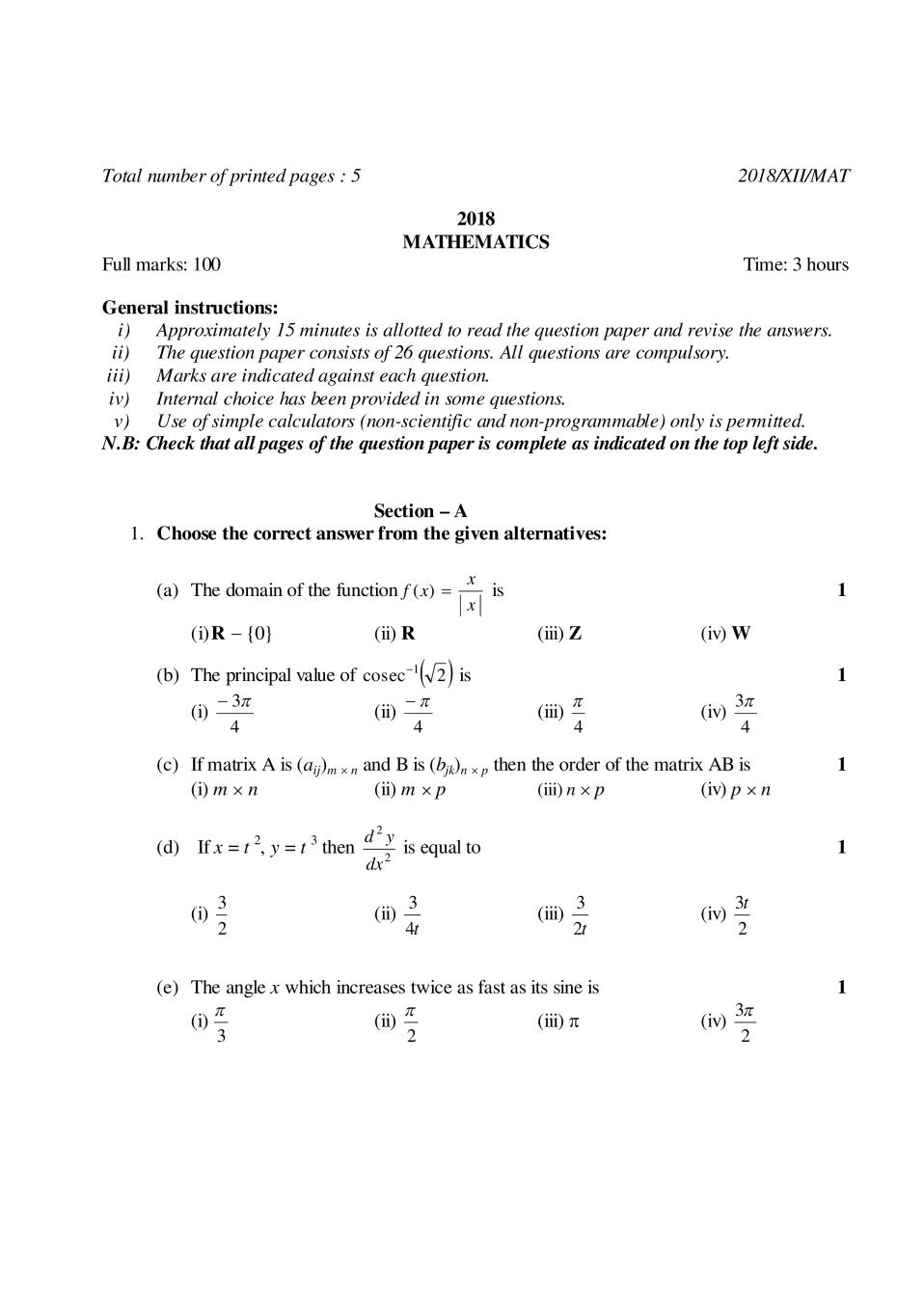 NBSE Class 12 Question Paper 2018 for Maths - Page 1