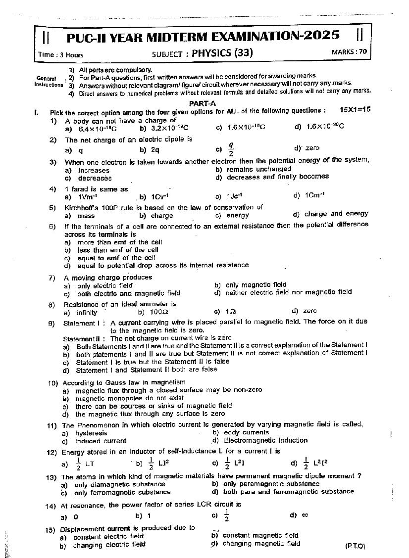 Karnataka 2nd PUC Mid Term Question Paper 2025 Physics - Page 1 of 2