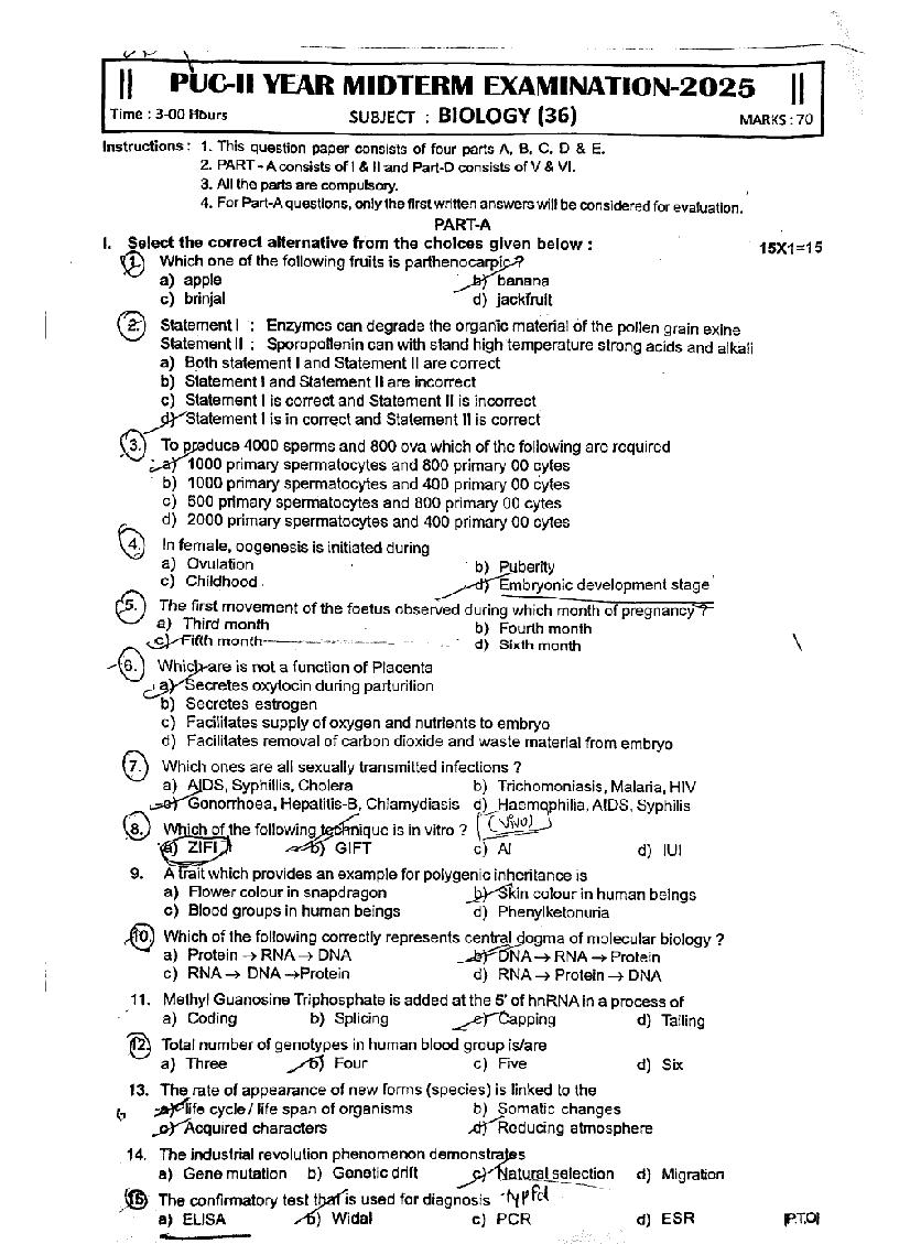 Karnataka 2nd PUC Mid Term Question Paper 2025 Biology - Page 1