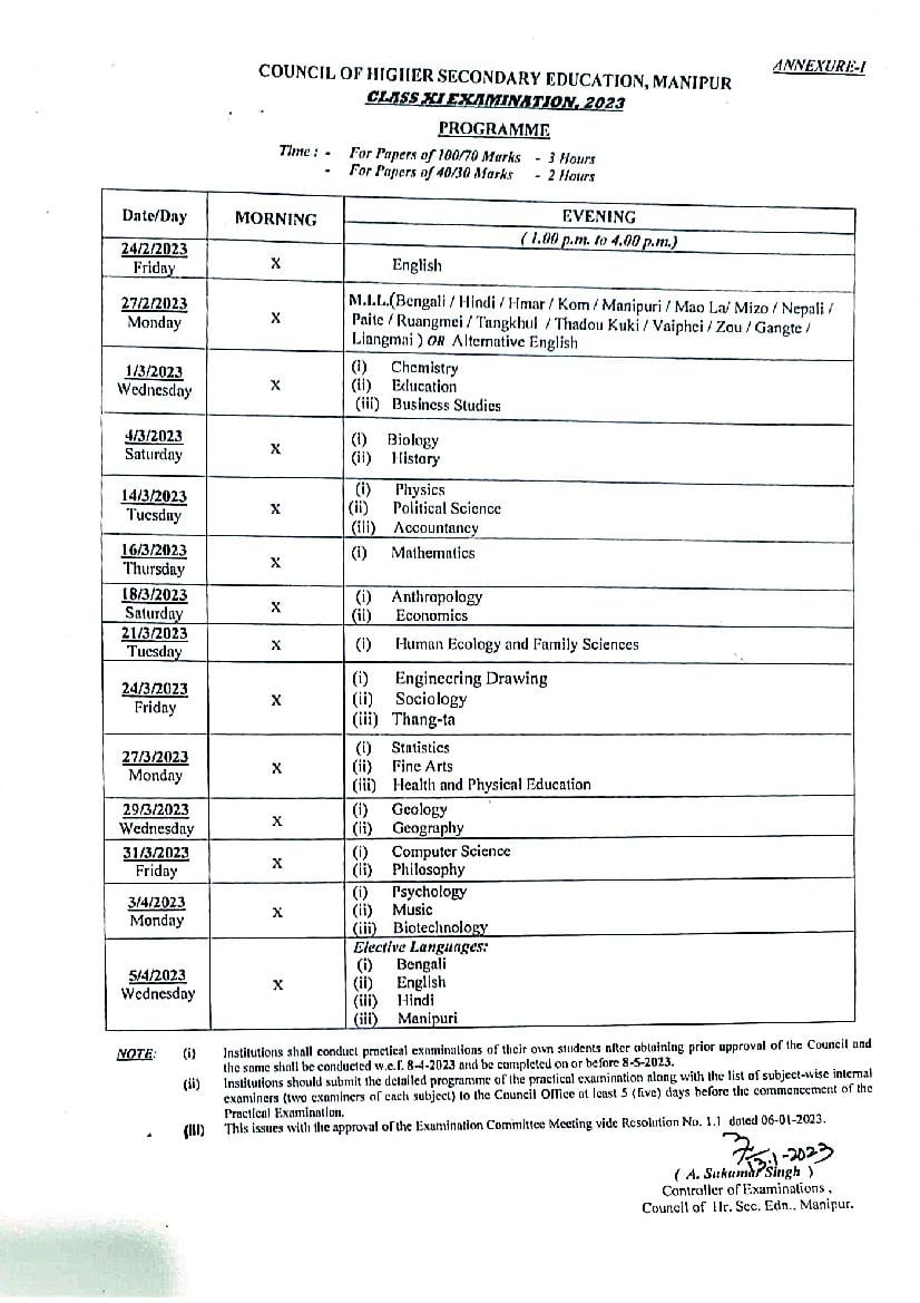 Manipur Board 11th Time Table 2023 - Page 1