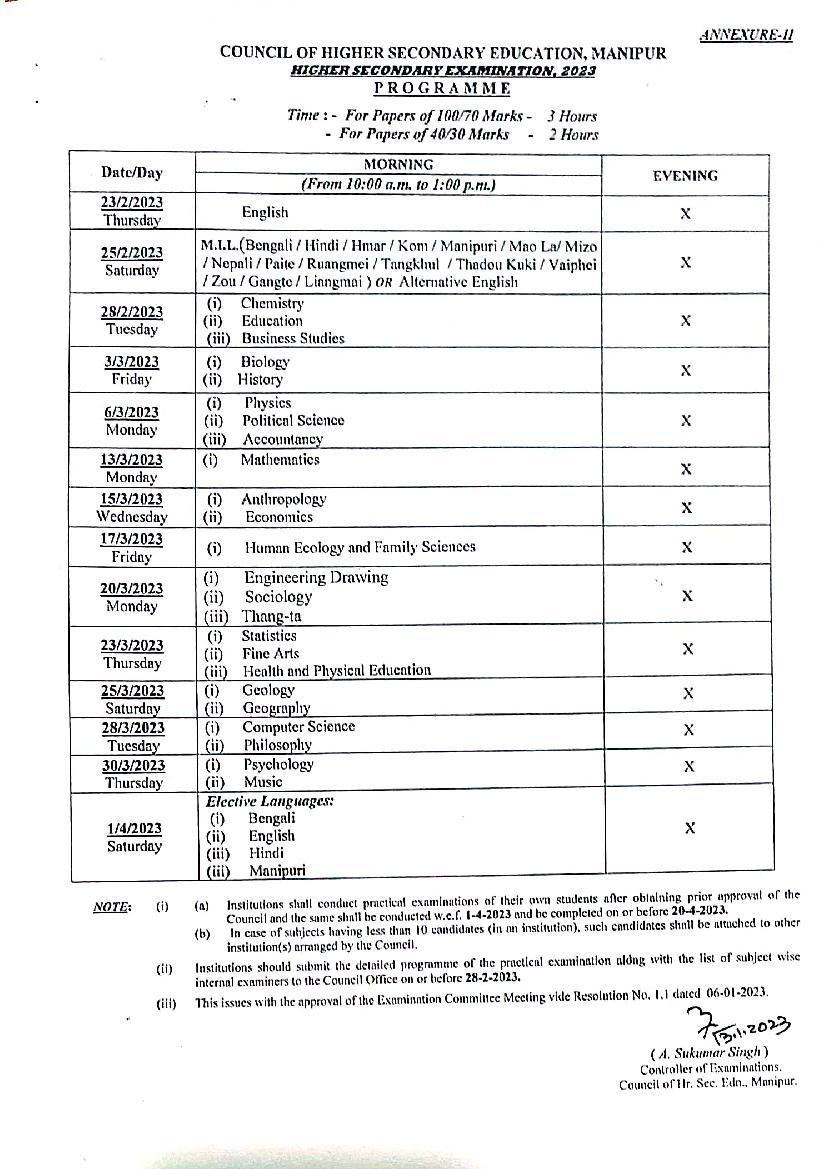 Manipur Board 12th Time Table 2023 - Page 1