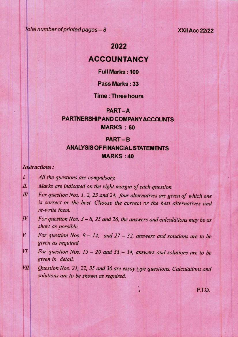 Manipur Board Class 12 Question Paper 2022 for Accountancy - Page 1