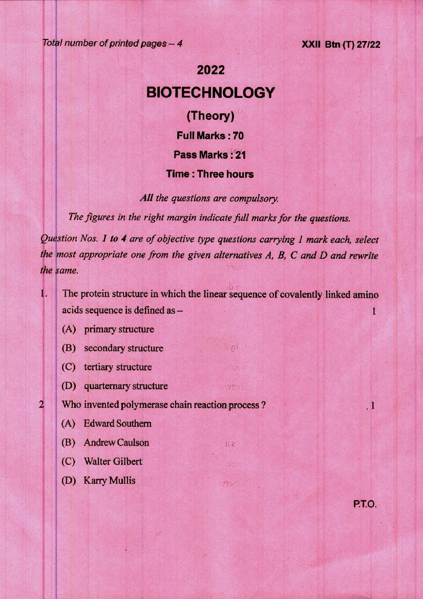 Manipur Board Class 12 Question Paper 2022 for Biotechnology - Page 1