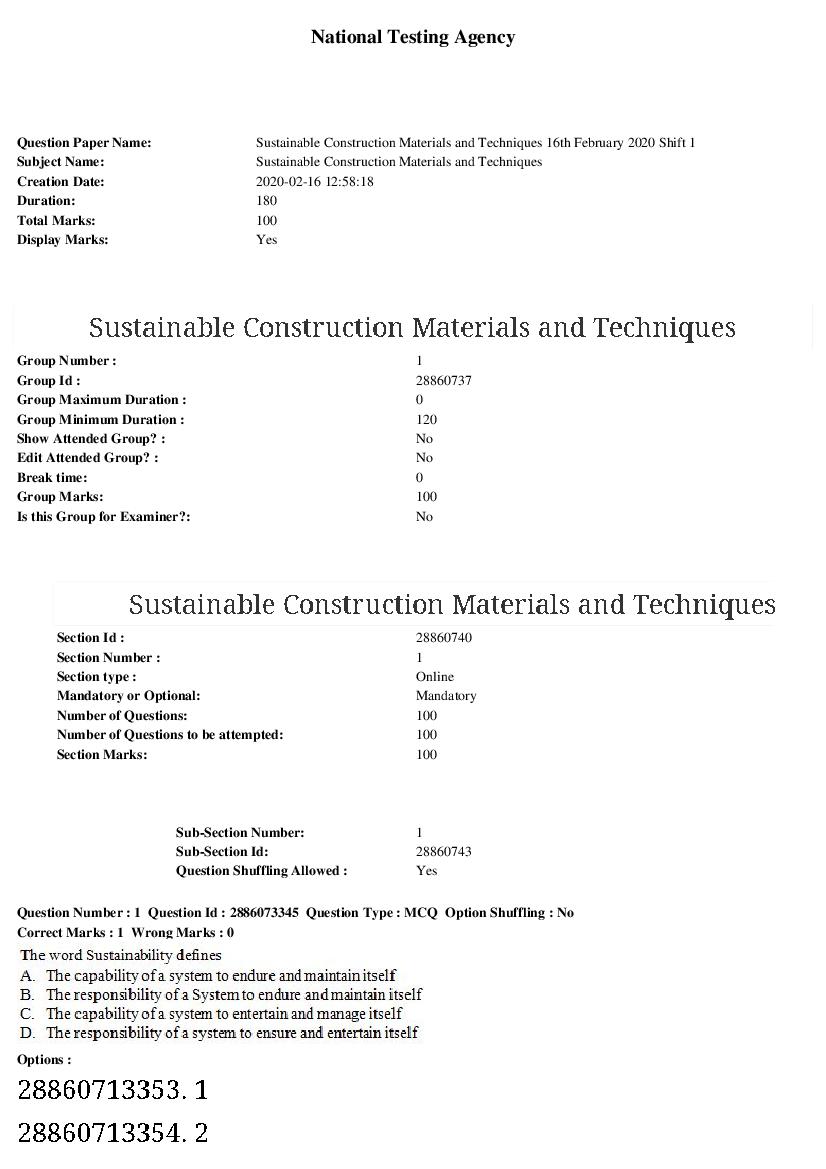 ARPIT 2020 Question Paper for Sustainable Construction Materials and Techniques - Page 1 of 34