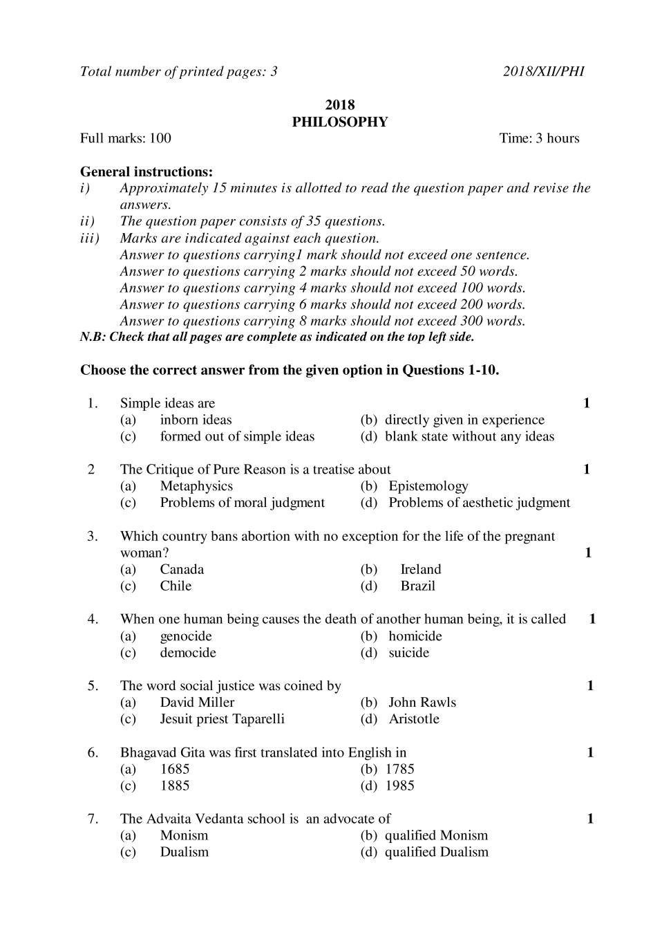 NBSE Class 12 Question Paper 2018 for Philosophy - Page 1