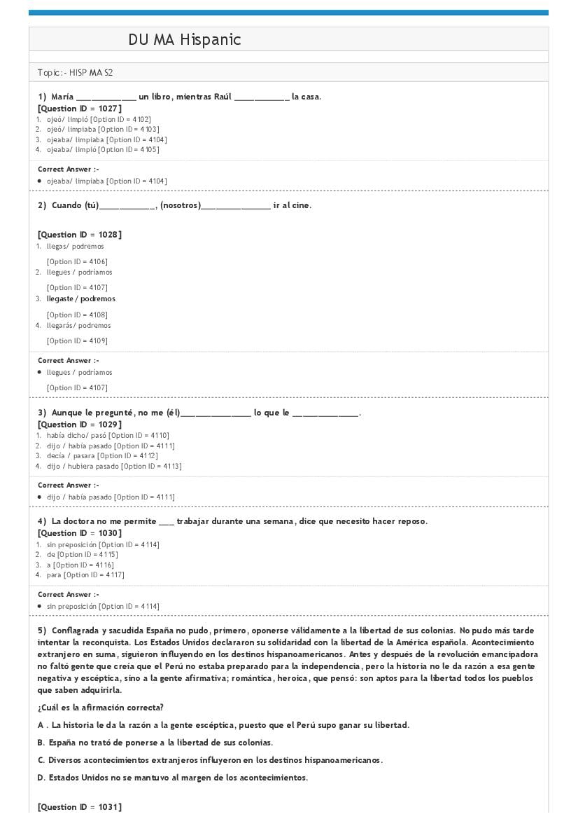 DUET Question Paper 2020 for DU MA Hispanic - Page 1